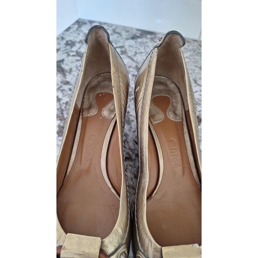 Chloe Metallic Gold Leather Wedge Pumps Wood Buckle Detail Made in Italy 38.5 - Picture 10 of 12